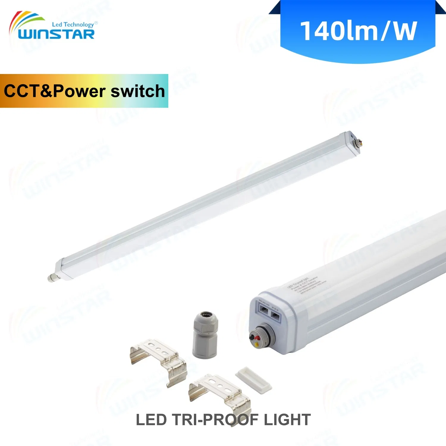 Ultra-Efficient 160lm/W Field-Configurable IP65 LED Tri-Proof Linear Light 3 CCT Adjustable Via End-Cap Full PC Housing Parking Garage Industrial Facility CE