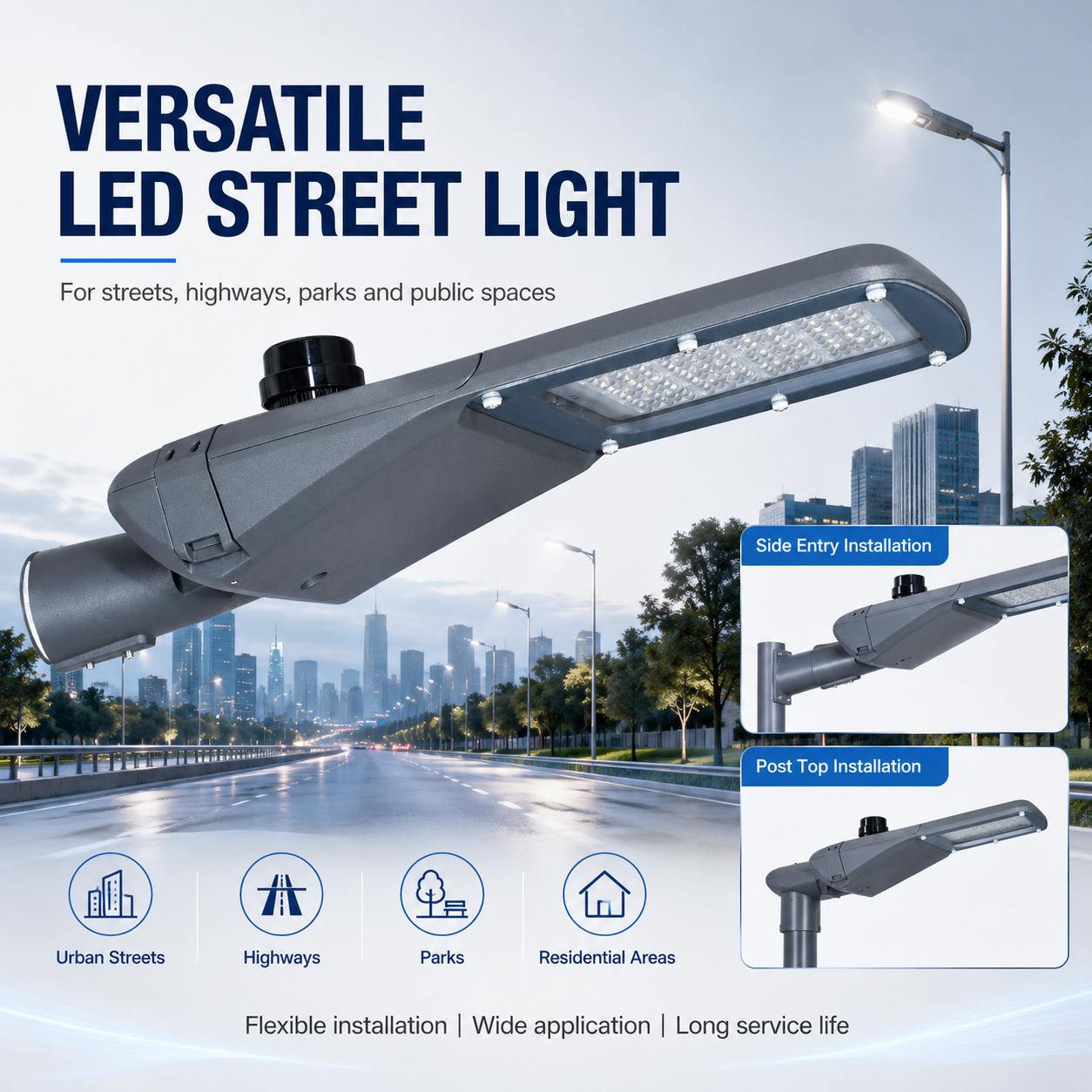 Smart Control LED Street Light IP66 Outdoor Road Lighting with Photocell Solar System Optional