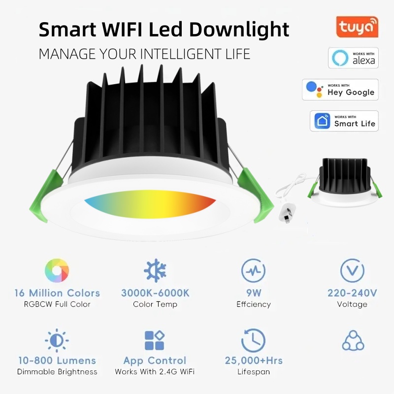 TUYA Recessed 10W Dimmable RGBW TUYA Wifi ZigBee Control Smart LED Downlight Hotel Restaurant Modern Ceiling Lighting Solutions