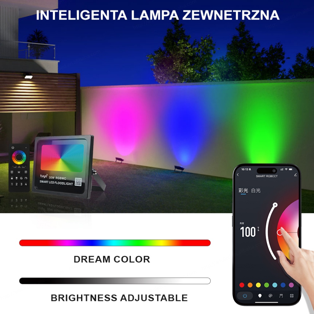 30W Intelligent RGBW LED Flood Light High Brightness IP66 Outdoor Aluminum Shell 120 Beam Angle Multi-Color Smart Lighting