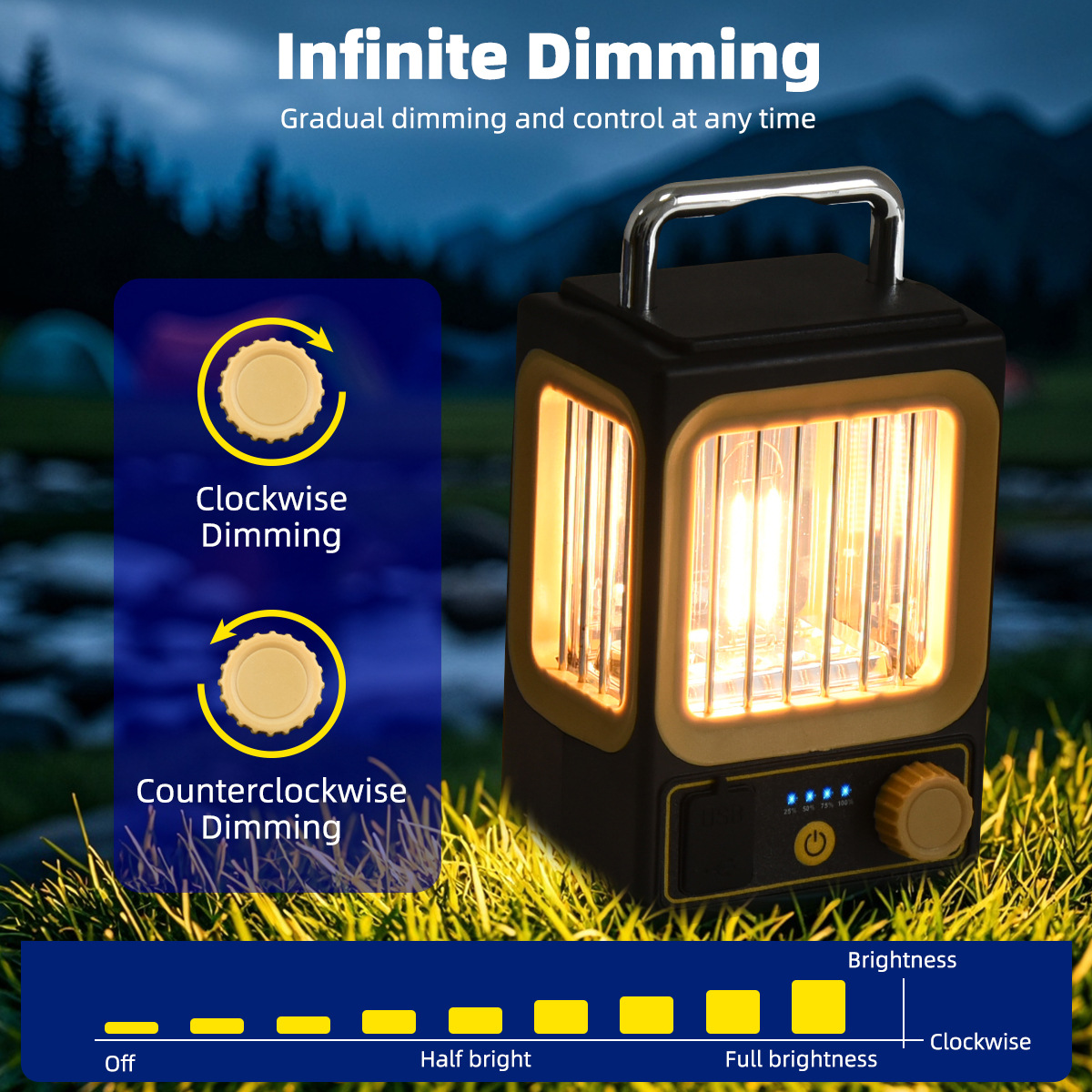 New Solar LED Courtyard Camping Lantern ABS Suspension Stepless Dimming Convenient USB Charging Portable Working Light