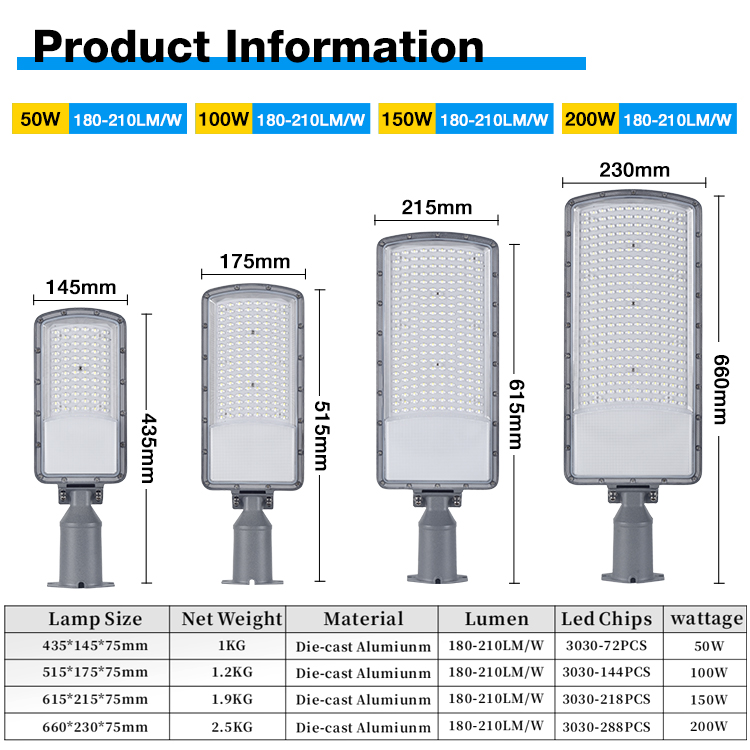 Parking Lot Road Lighting Outdoor Ip66 Waterproof Aluminum Smd 50w 100w 150w 200w Led Street Lamp