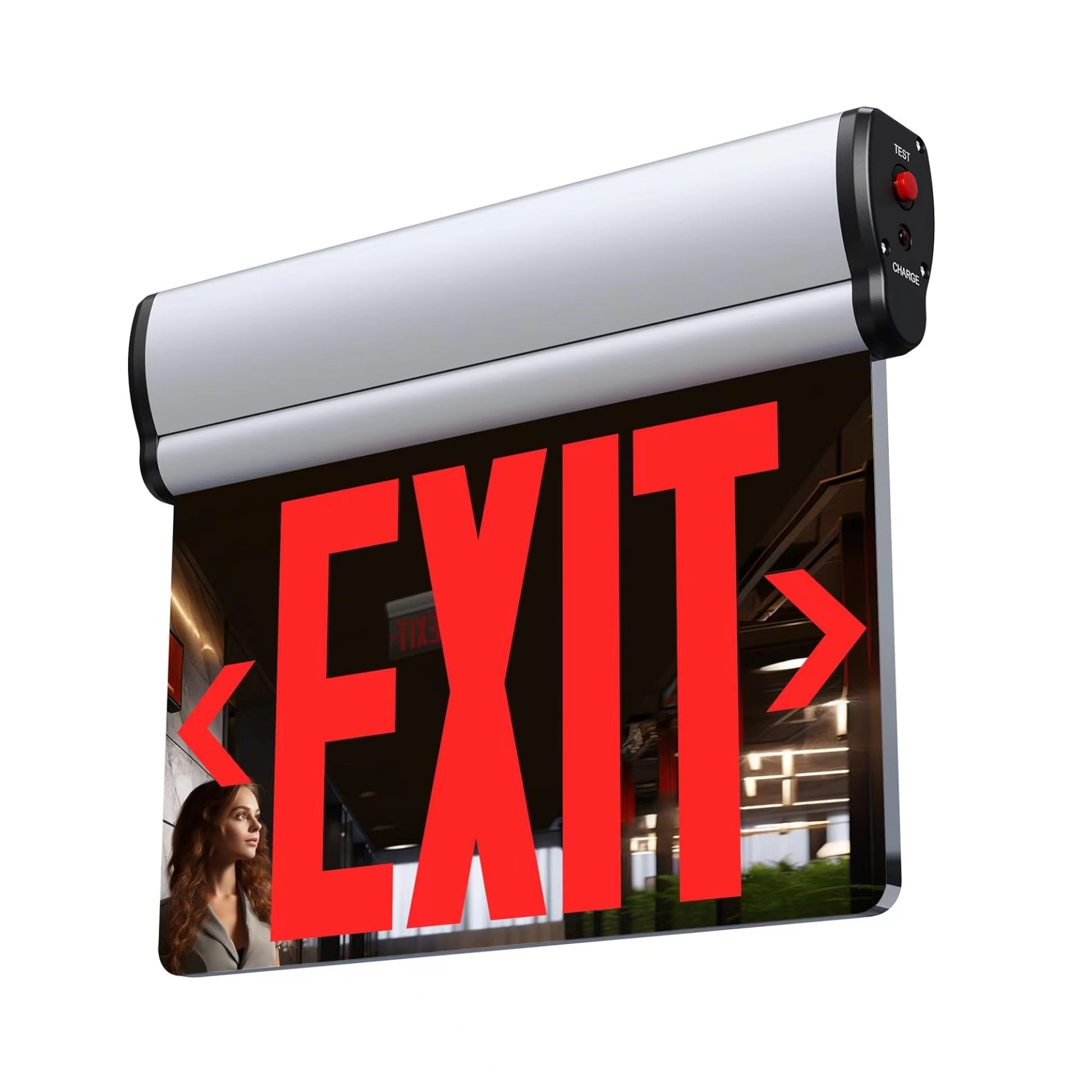 Aluminum Fire Emergency Exit Sign Light With LED Ni-Cd Battery IP20 White Light 2-Hour Backup Edge Lit Exit Sign