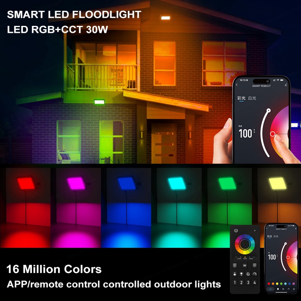 30W Intelligent RGBW LED Flood Light High Brightness IP66 Outdoor Aluminum Shell 120 Beam Angle Multi-Color Smart Lighting