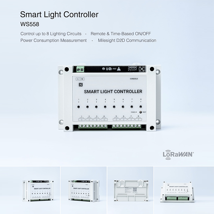 WS558 Milesight LoRaWAN + D2D Smart Light Controller STM32+SX1302 LoRa Core 8CH 100-240 VAC 5A/CH CE FCC RoHS NFC DIN Rail