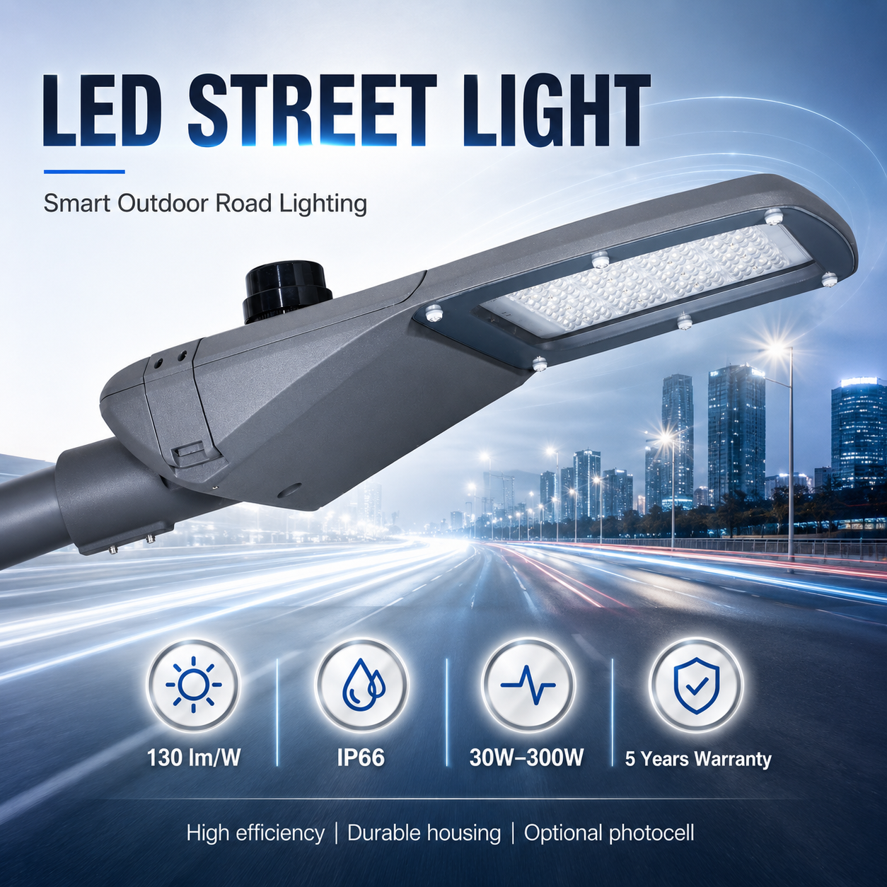 Smart Control LED Street Light IP66 Outdoor Road Lighting with Photocell Solar System Optional