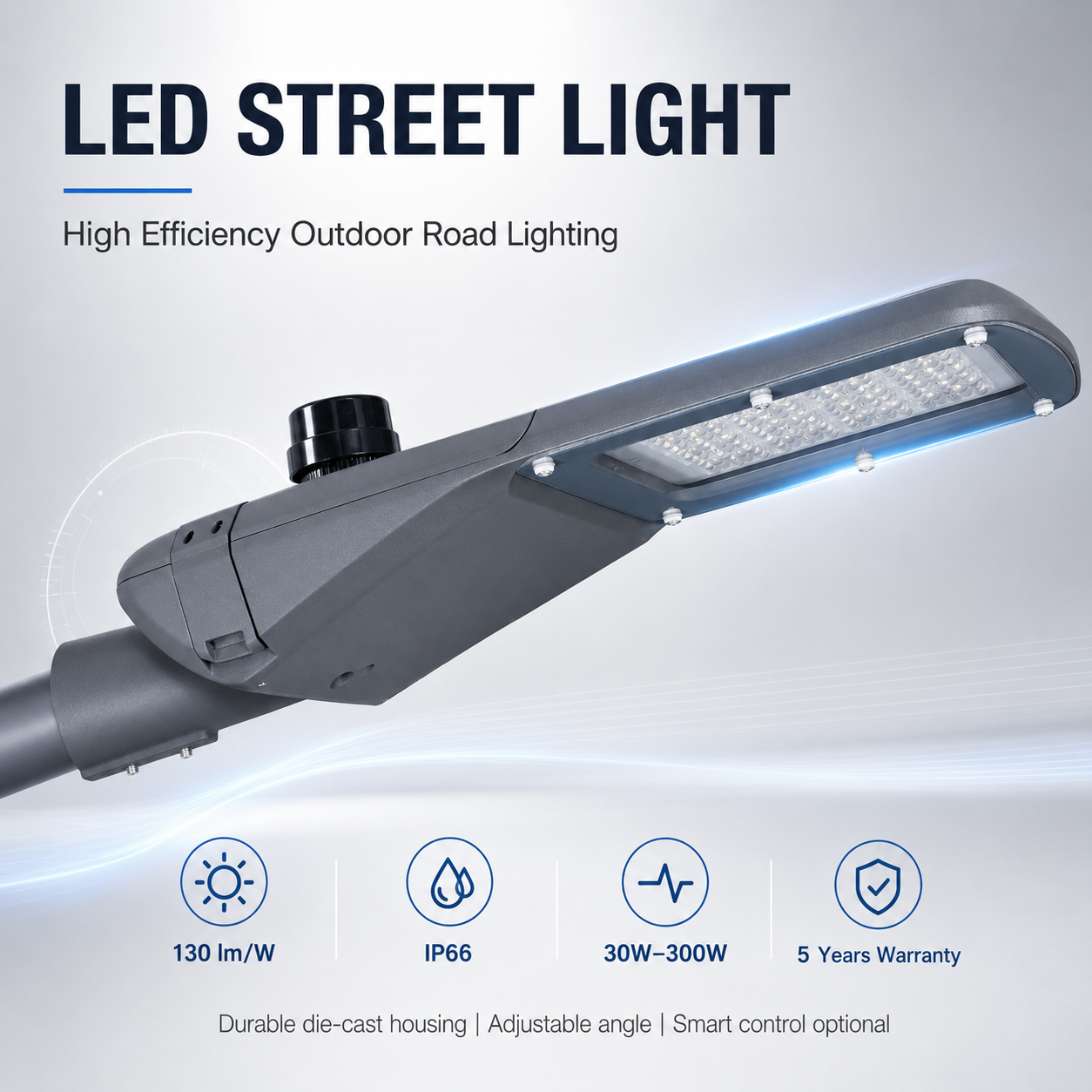 Smart Control LED Street Light IP66 Outdoor Road Lighting with Photocell Solar System Optional