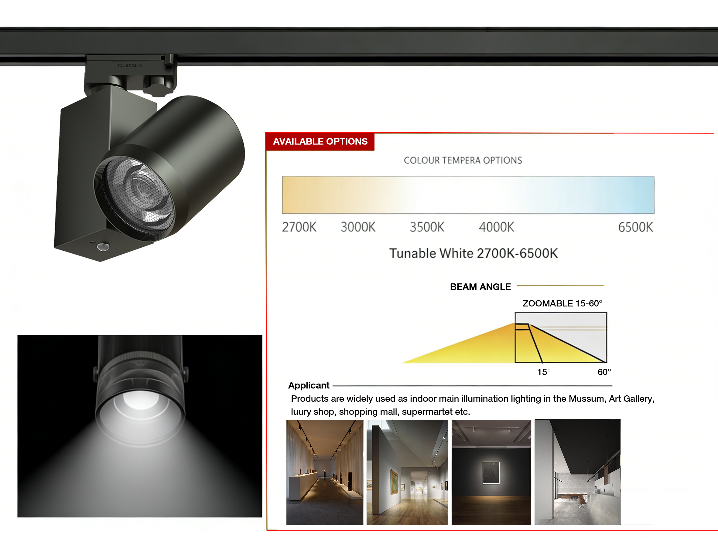 Modern Motorized COB LED Track Lights Rail System 10-50 Zoom Beam Angle 2700K-6500K Color Temperature High CRI 95 Commercial Use