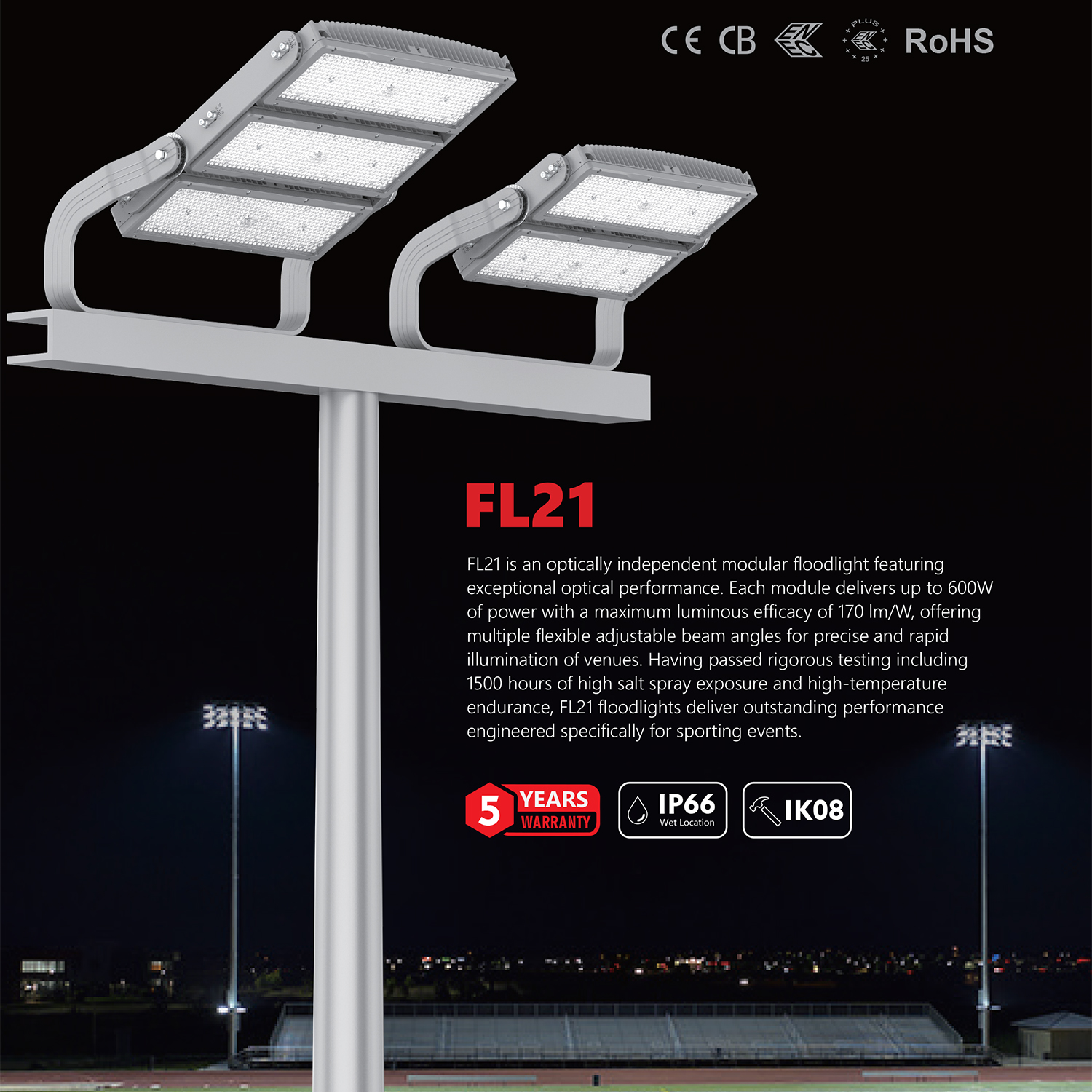 1800W Modular LED Flood Light Sports Stadium Light 170Lm/W 500W 600W 1000W 1200W 1500W CE RoHS Certified Outdoor Events Lighting