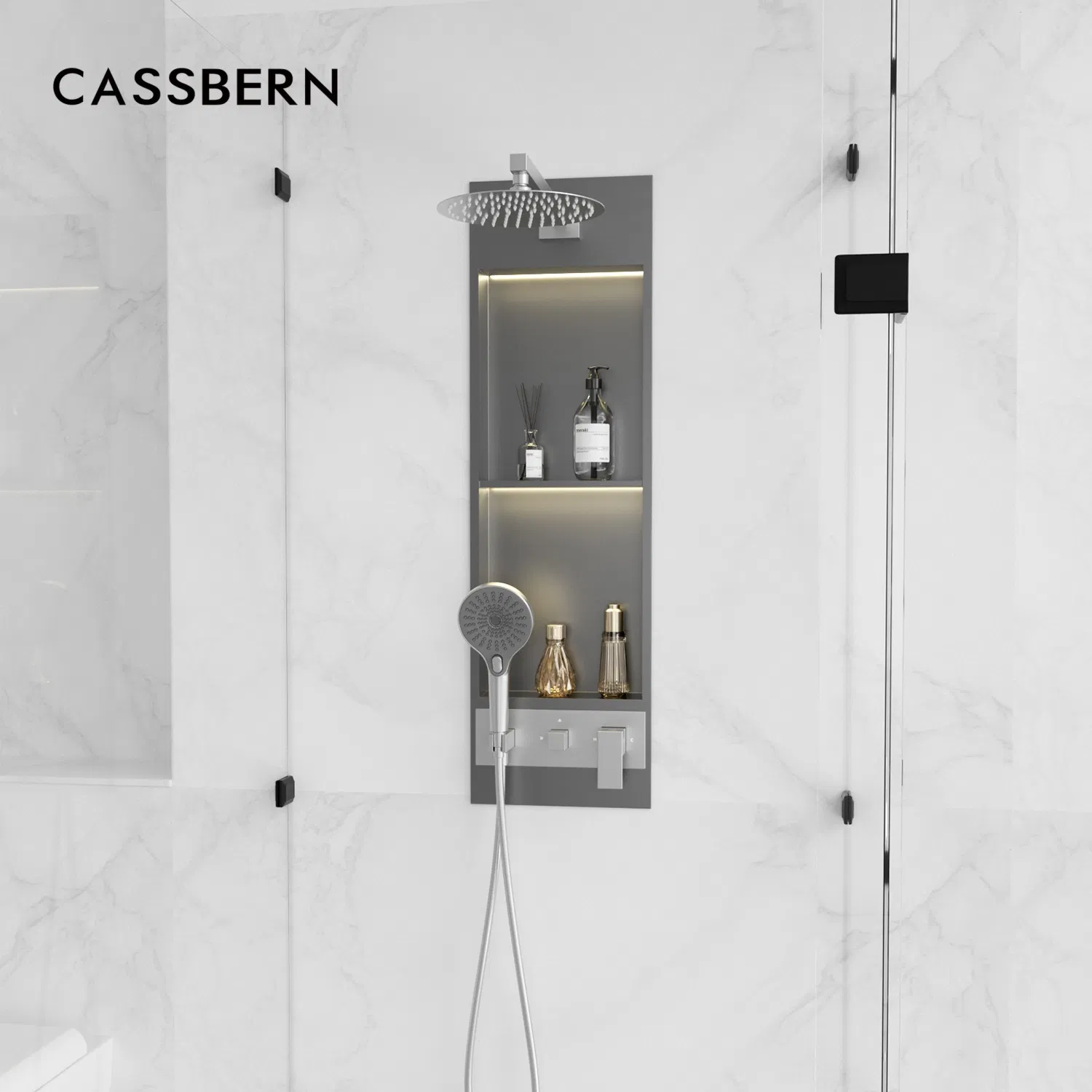 Thermostatic Niche Shower Head Cleaning System with Rainfall Handheld Spray