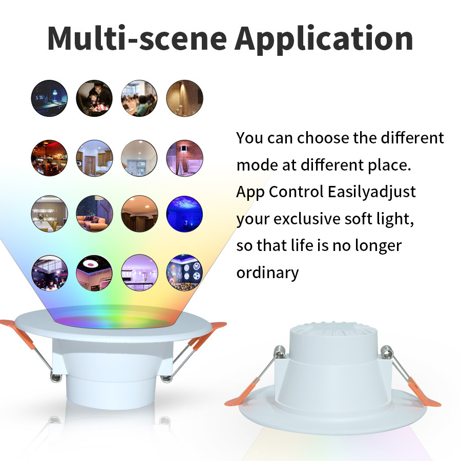 2025 New Tuya APP or Smart Life APP Supproted Smart RGB Downlight with Mulit-scene and RGBW Light Dimming and Color Changeable