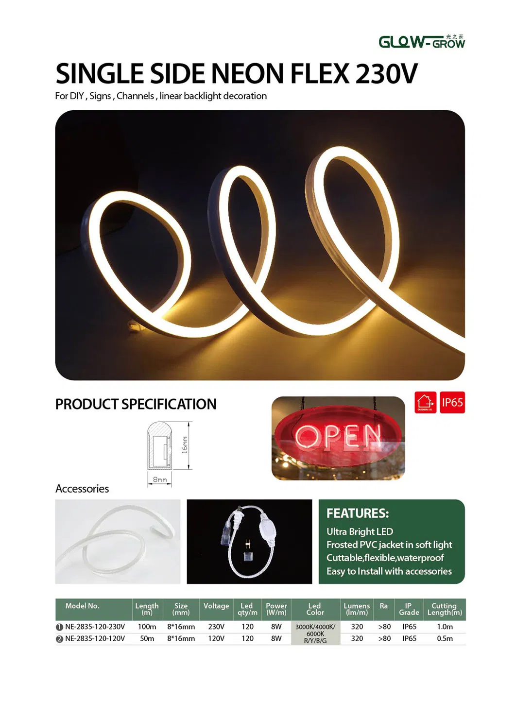 UL ETL Outdoor 8*16mm Single Side Warm White 3000K LED Neon Flex Lighting for Commercial Landscape Building Decoration
