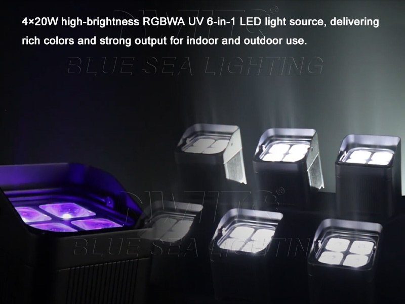 Waterproof 4x20w Rgbwa Uv 6in1 Battery Powered Wifi App Remote DMX Wireless LED Uplight for Hotel Wedding Theatre Lighting