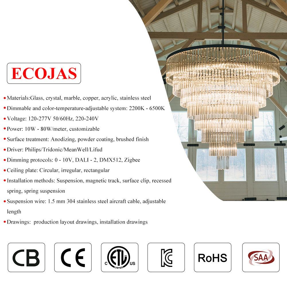ECOJAS LED Glass Customized Large Chandelier with Project Installation Service for Hotel Lobby &amp; Villa Lighting Solutions