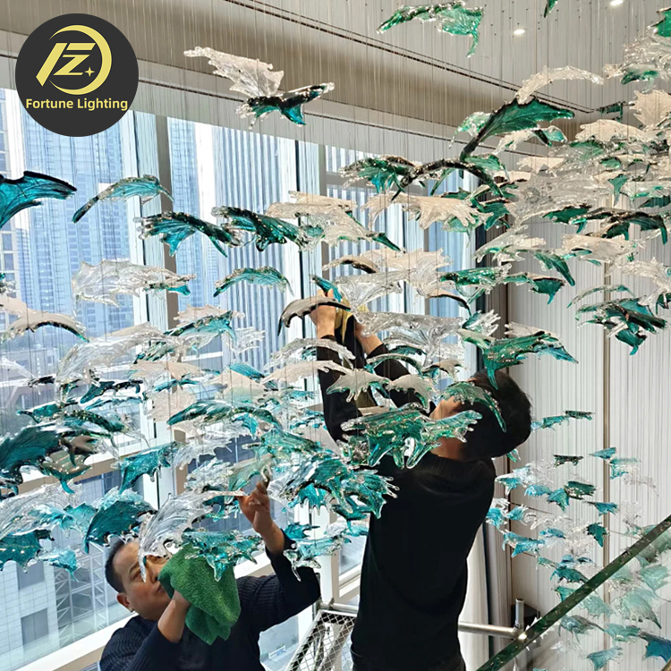 Modern Luxurious Hotel Project Lighting Long Adjustable Height Large Lobby Hall Maple Leaf Glass Customized LED Chandelier E14
