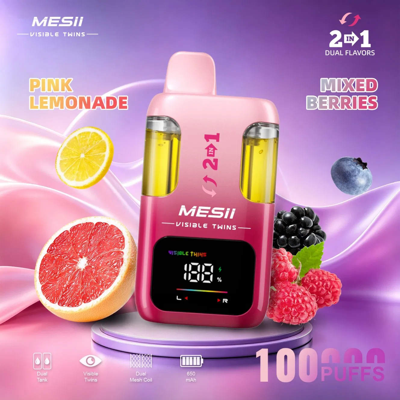 Mesii Visible Twins 100K 100000 Puffs Disposable Vape 2in1 Flavours Dual Mesh Coil 15ml+15ml E-Liquid Disposbale Vape