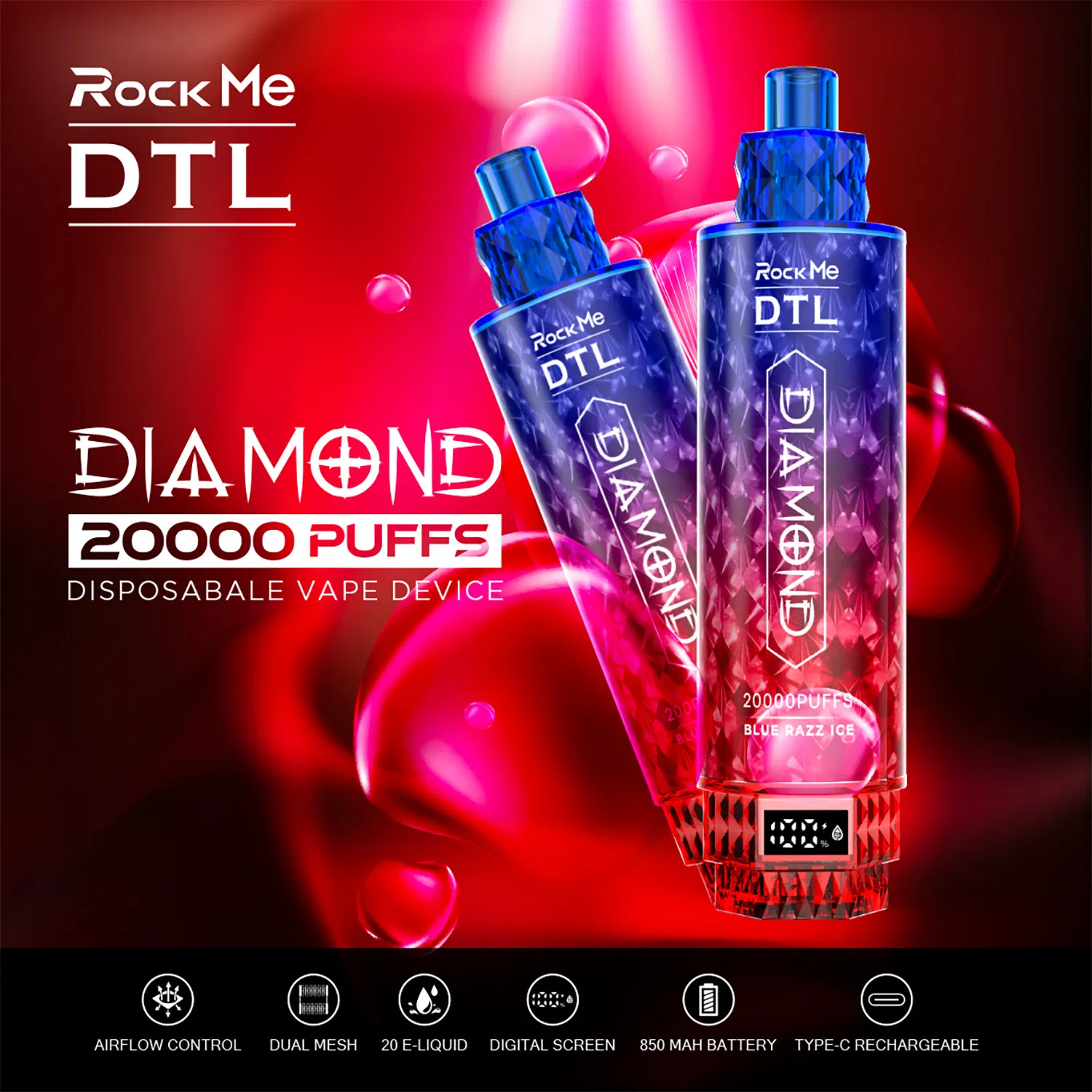 Rockme 20000 Puffs European USA Disposable Vape Bar Dtl Mesh Coil Vape