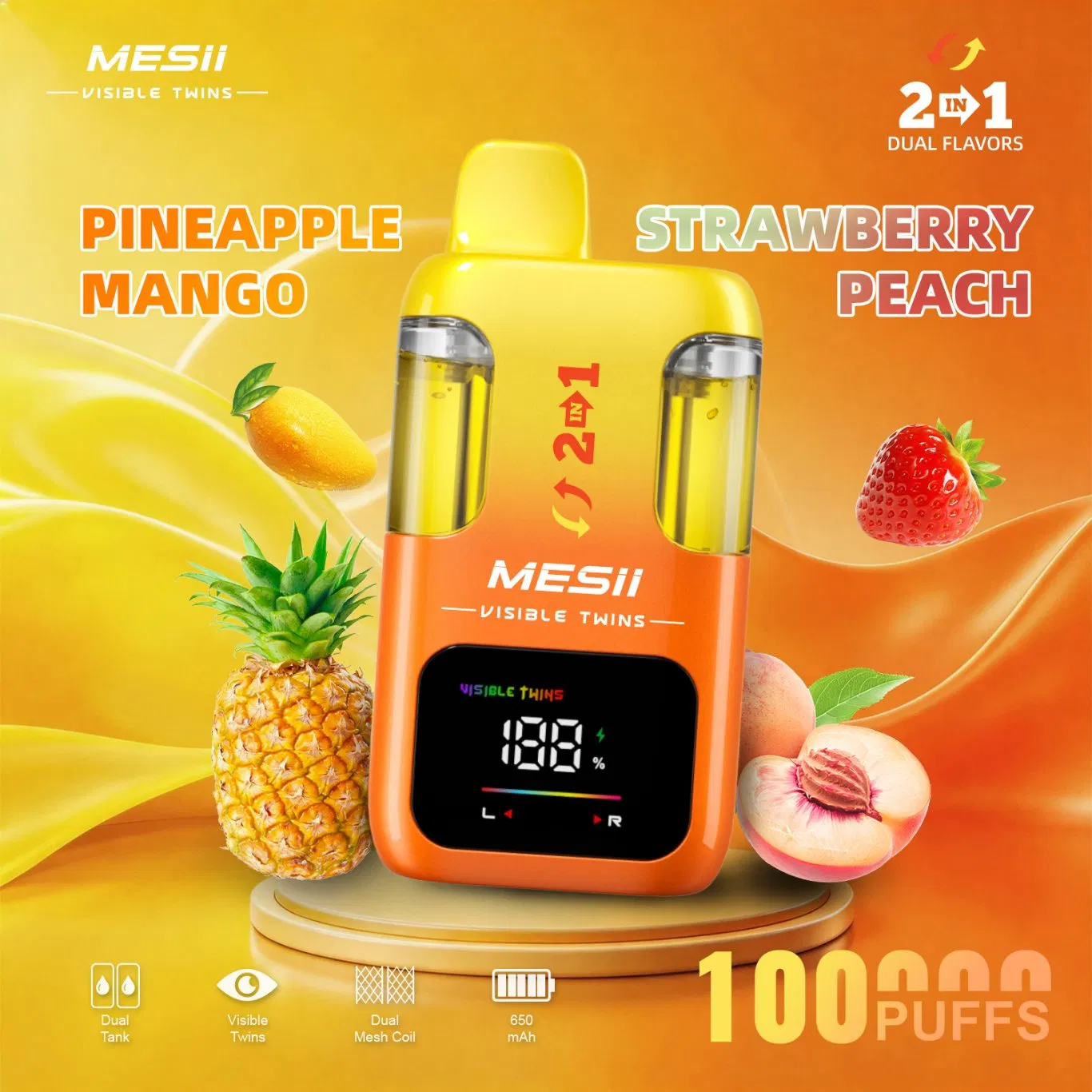 Mesii Visible Twins 100K 100000 Puffs Disposable Vape 2in1 Flavours Dual Mesh Coil 15ml+15ml E-Liquid Disposbale Vape