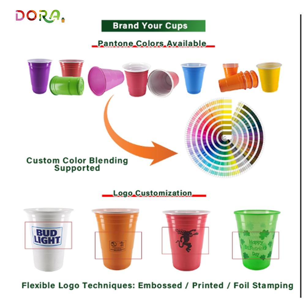 High Quality Dora Disposable PP Plastic Party Cups with Custom Logo 100 Count Modern Style Multi-Color for Beers and Sodas