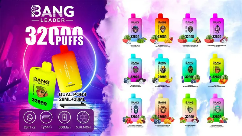 Wholesale Cheap Vape Dual Flavors Bang Leader 32000 Puffs 32K Dual Mesh Coil Pod 28+28ml Disposable E-Cigarettes 650mAh Battery Wape