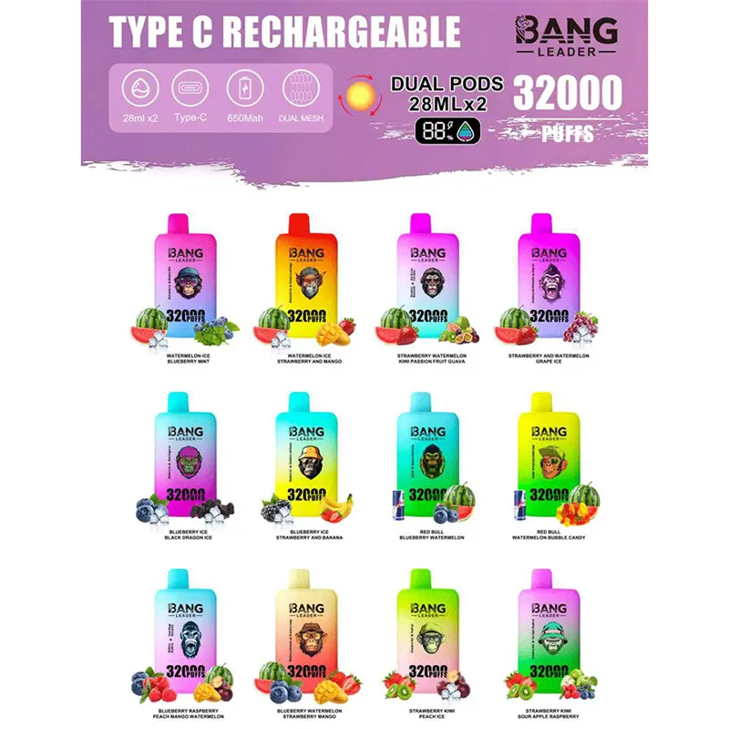 Wholesale Cheap Vape Dual Flavors Bang Leader 32000 Puffs 32K Dual Mesh Coil Pod 28+28ml Disposable E-Cigarettes 650mAh Battery Wape