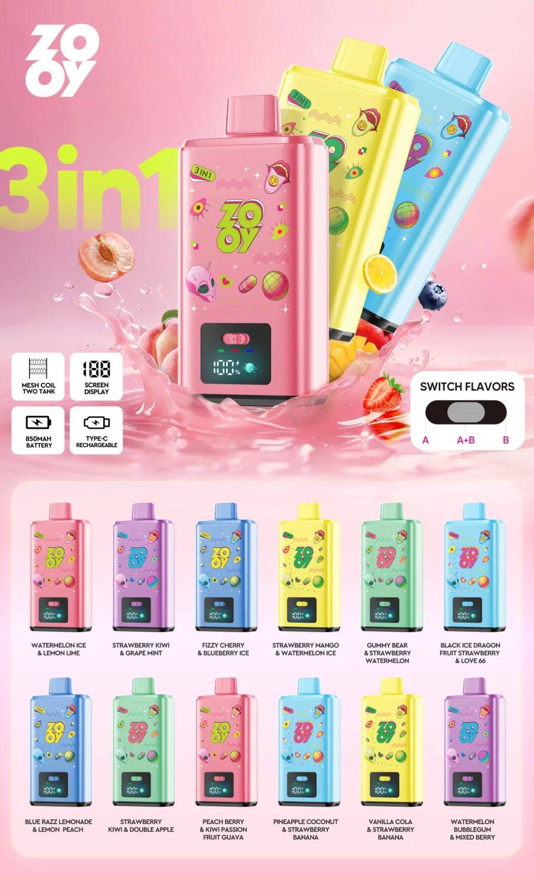 Zooy Series Alien Disposable E Cigarettes 3 in 1 150000 Vape 150K 120K 80K Puff Dual Mesh Coil 850mAh Smart Display Screen Ready Stock Free Shipping