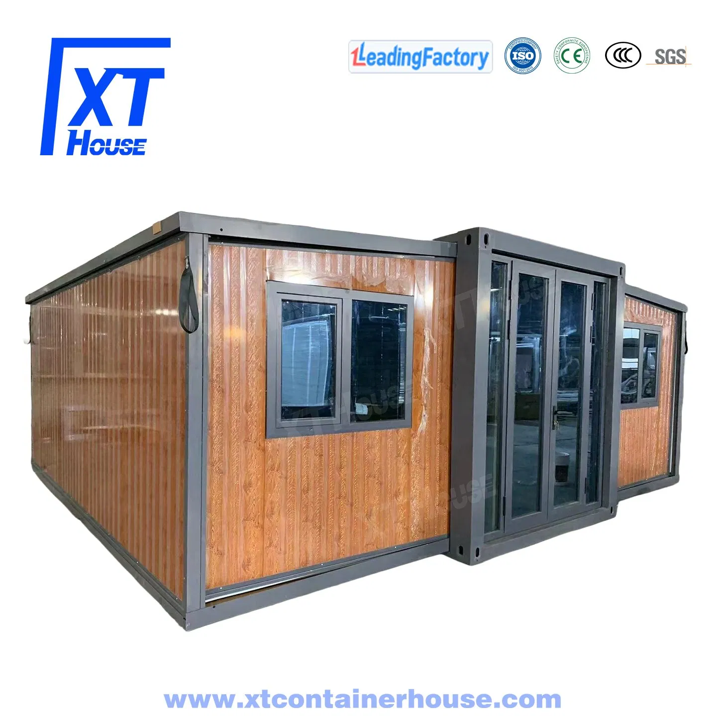 20FT/30FT/40FT Porta de Aço de Alta Qualidade Casa Modular Prefabricada Casa Contêiner Expandável Dobrável com Parede de Madeira 2 Quartos 1 Cozinha 1 Banheiro