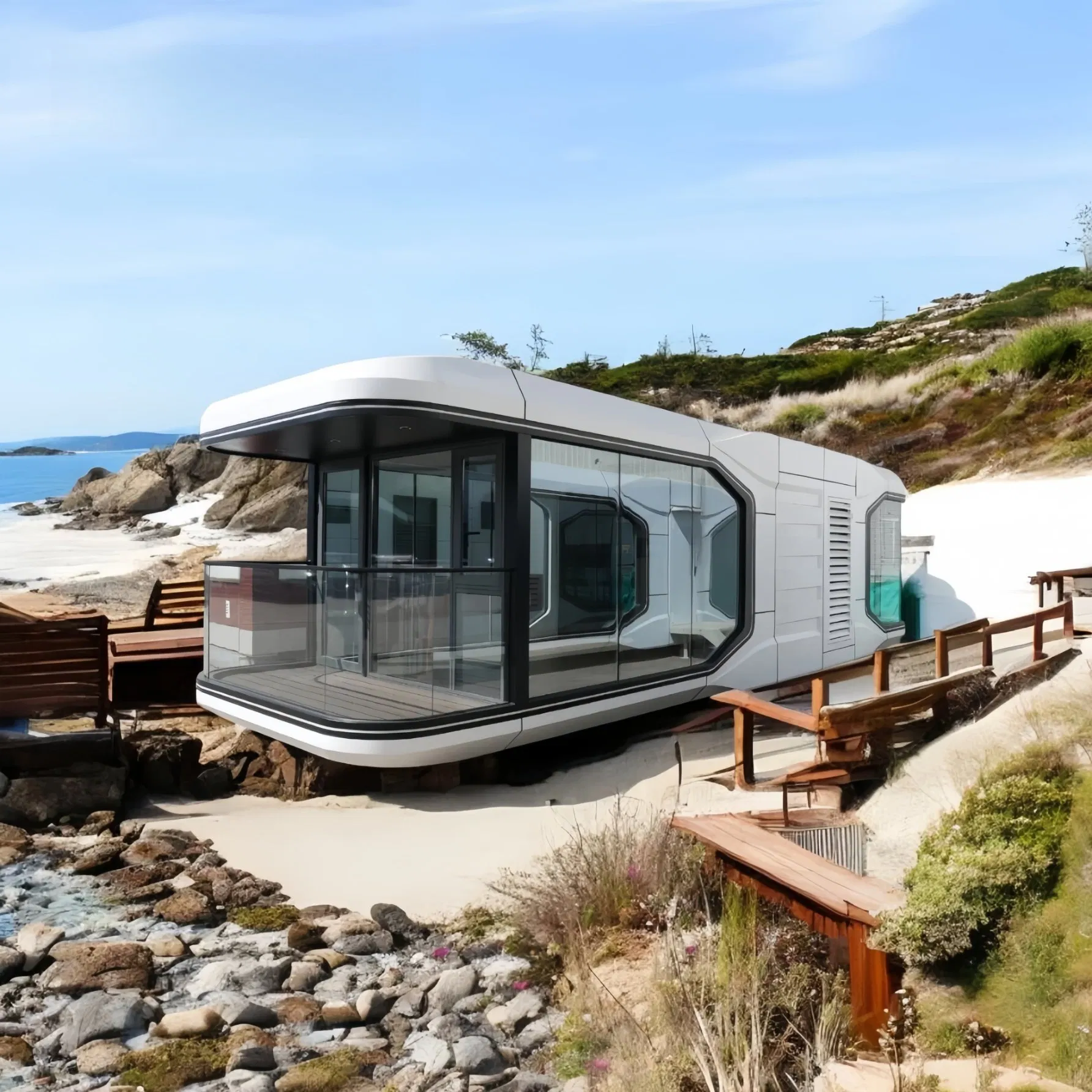 30FT Habitação Prefabricada com Energia Solar, Sistema de Fornecimento de Energia Off Grid, Design de Economia de Energia para Área Cênica Remota, Espaço de Vida Autossuficiente, Casa em Cápsula