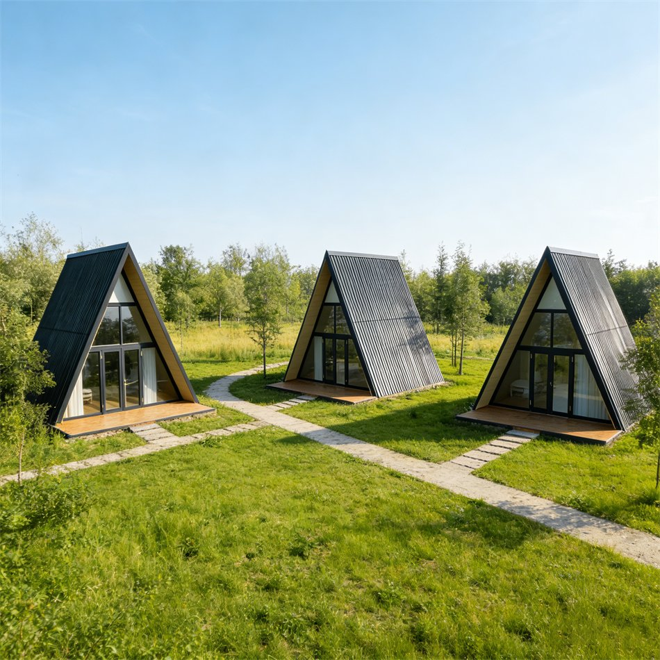 Casa Modular Desmontável em Estrutura A Prefabricada Estilo Madeira Casas em Triângulo Kit de Baixo Custo com Instalação Rápida para Eco-Resort e Projeto de Glamping