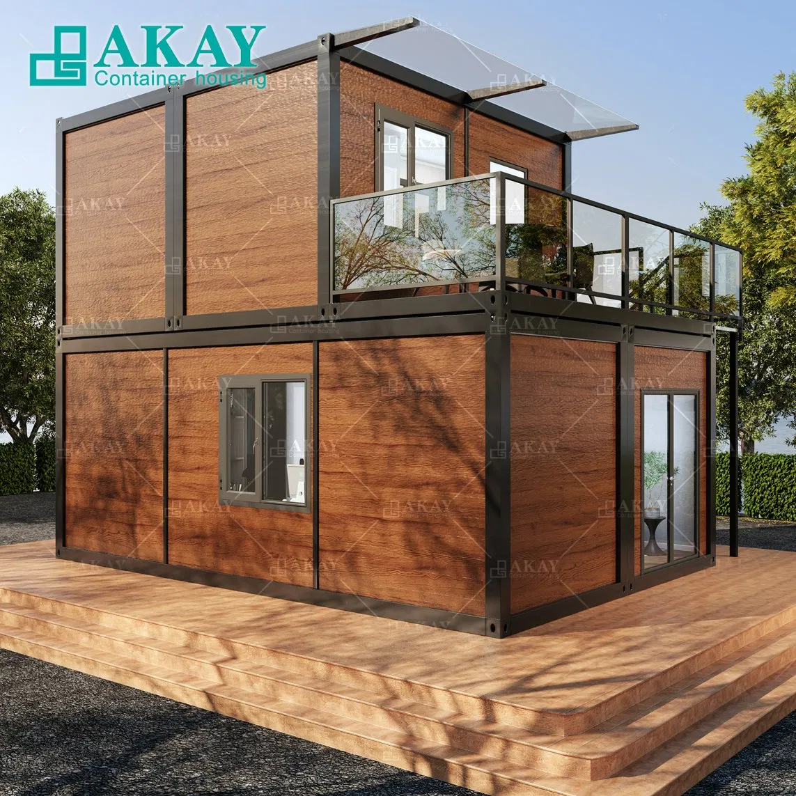 Casa Contenedor Modular Prefabricada com Acabamento em Madeira Imitada para Escritórios em Dois Andares
