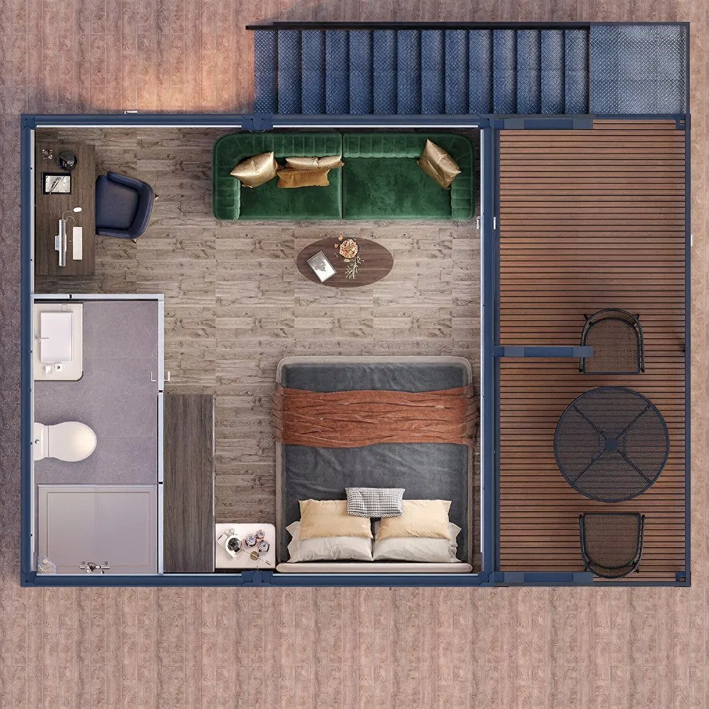 Casa Contenedor Modular Prefabricada com Acabamento em Madeira Imitada para Escritórios em Dois Andares