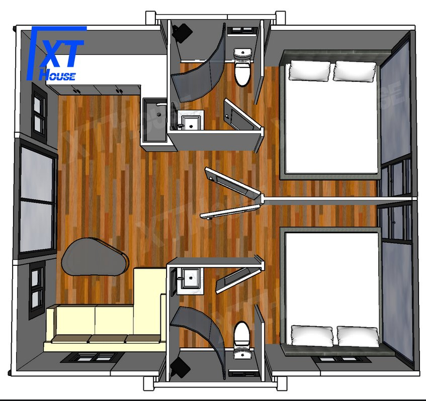 20FT/30FT/40FT Porta de Aço de Alta Qualidade Casa Modular Prefabricada Casa Contêiner Expandável Dobrável com Parede de Madeira 2 Quartos 1 Cozinha 1 Banheiro