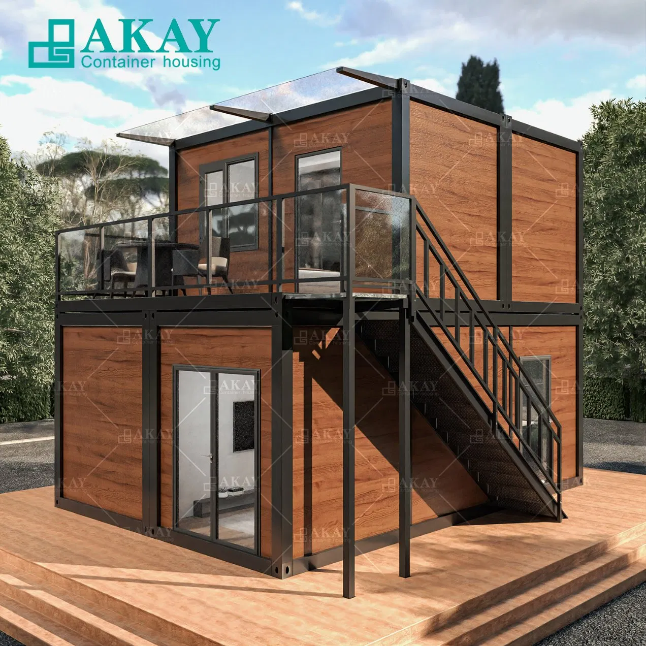 Casa Contenedor Modular Prefabricada com Acabamento em Madeira Imitada para Escritórios em Dois Andares
