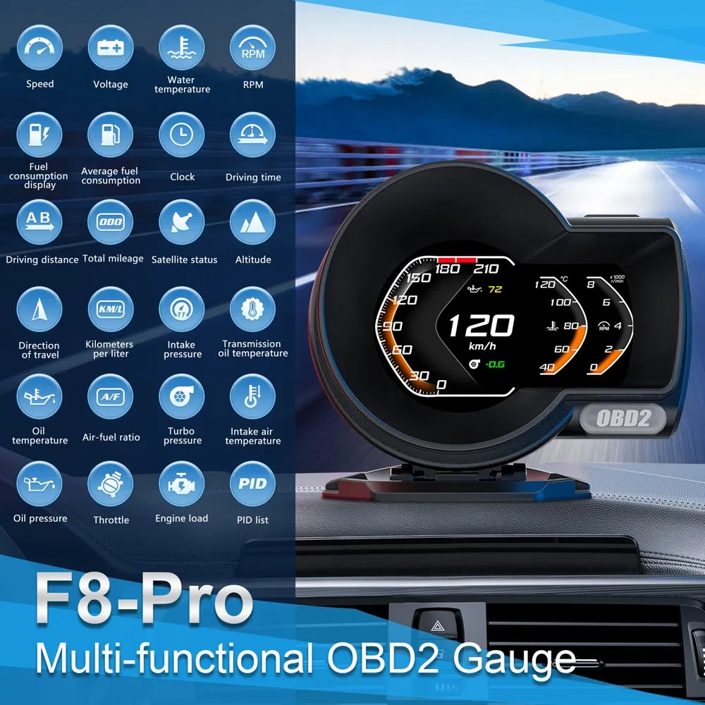 Diagnóstico a Bordo 2 Painel de Instrumentos Automotivo Display LCD F8PRO Medidor Digital Inteligente Sistema de Posicionamento Global Velocímetro Peças Automotivas