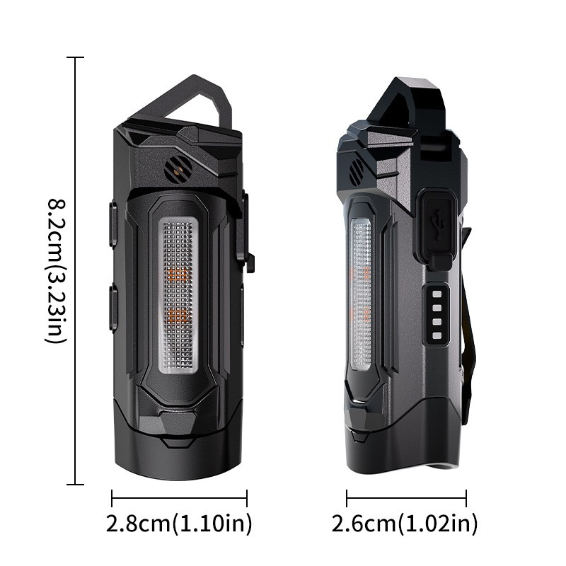Lanterna tática recarregável EDC com laser vermelho, luz UV, alarme sonoro, clipe magnético, luz de trabalho portátil