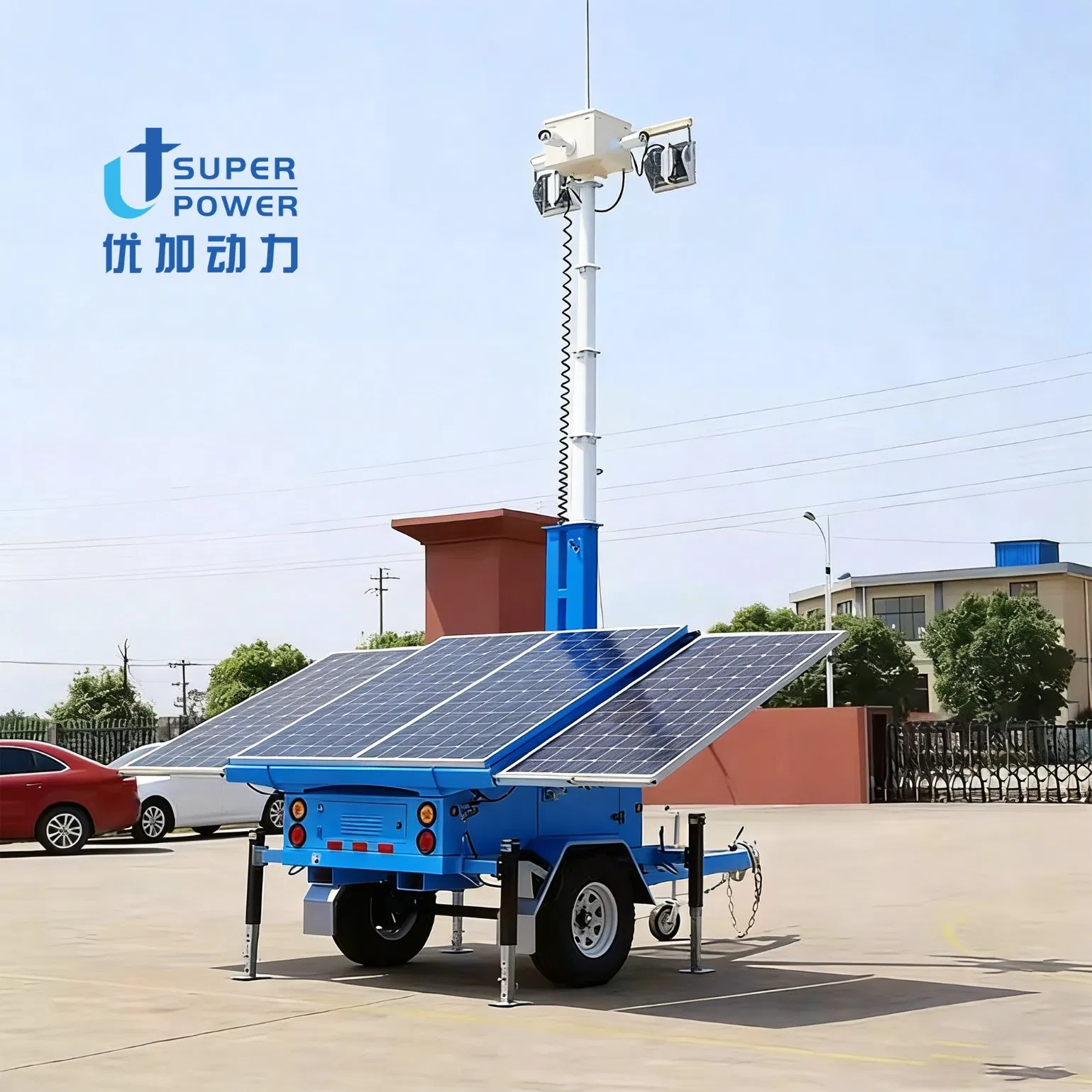 Veículo de Iluminação com Torre Telescópica de Altura Personalizada, Torre de Luz Solar Hidráulica Elétrica com Empurrador Manual