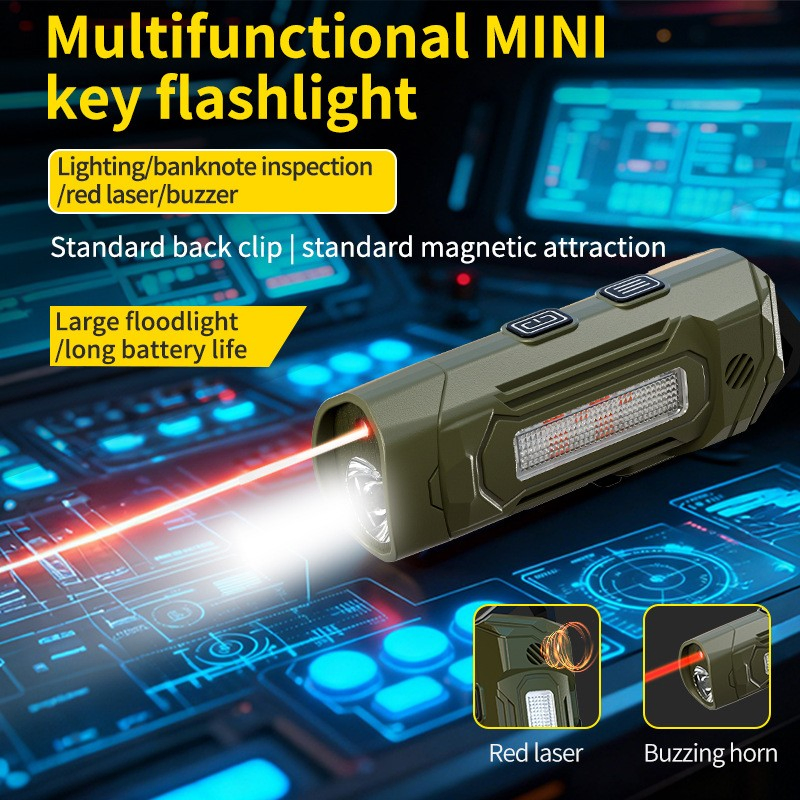 Lanterna tática recarregável EDC com laser vermelho, luz UV, alarme sonoro, clipe magnético, luz de trabalho portátil