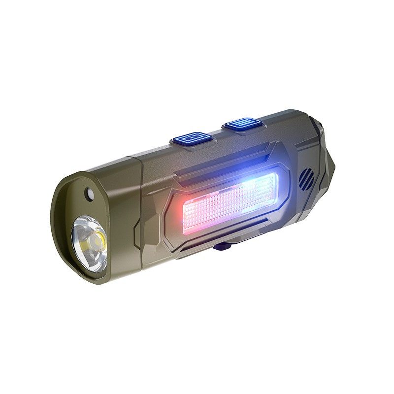 Lanterna tática recarregável EDC com laser vermelho, luz UV, alarme sonoro, clipe magnético, luz de trabalho portátil