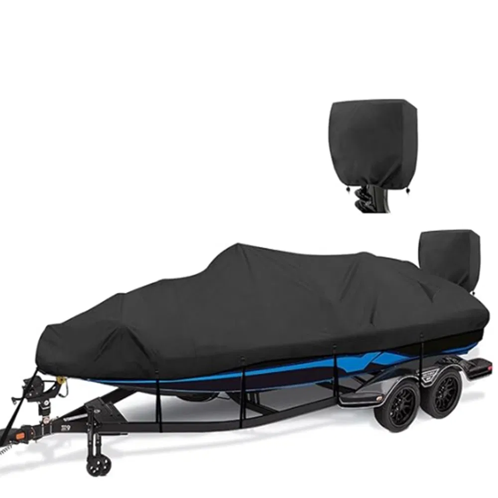 1200d Waterproof Boat Cover - Fits 17' to 19' FT Bass, V-Hull, Tri-Hull, Fish &amp; Ski, Runabout Bowrider Boats - Heavy Duty Canvas Black