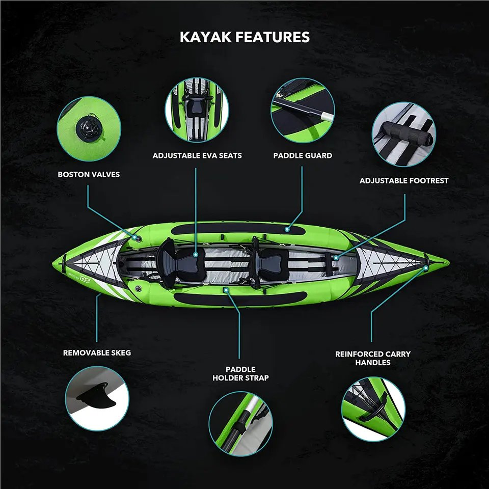 Inflatable Canoe for 2 People Thickened Green Outdoor Water Rafting Challenger