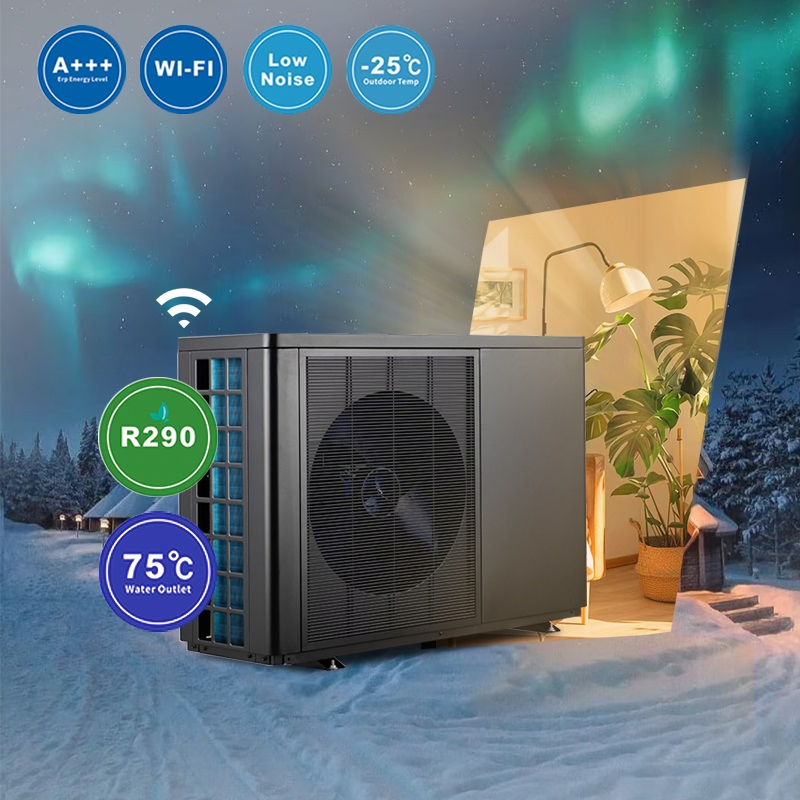House Heating Cooling R290 Air Source Heat Pump 75 Degree Hot Water