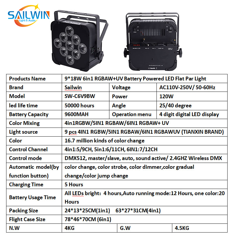 Battery 6in1 Stage LED PAR Light 9*18W Rgbaw+UV 2.4GHz for DJ Lighting