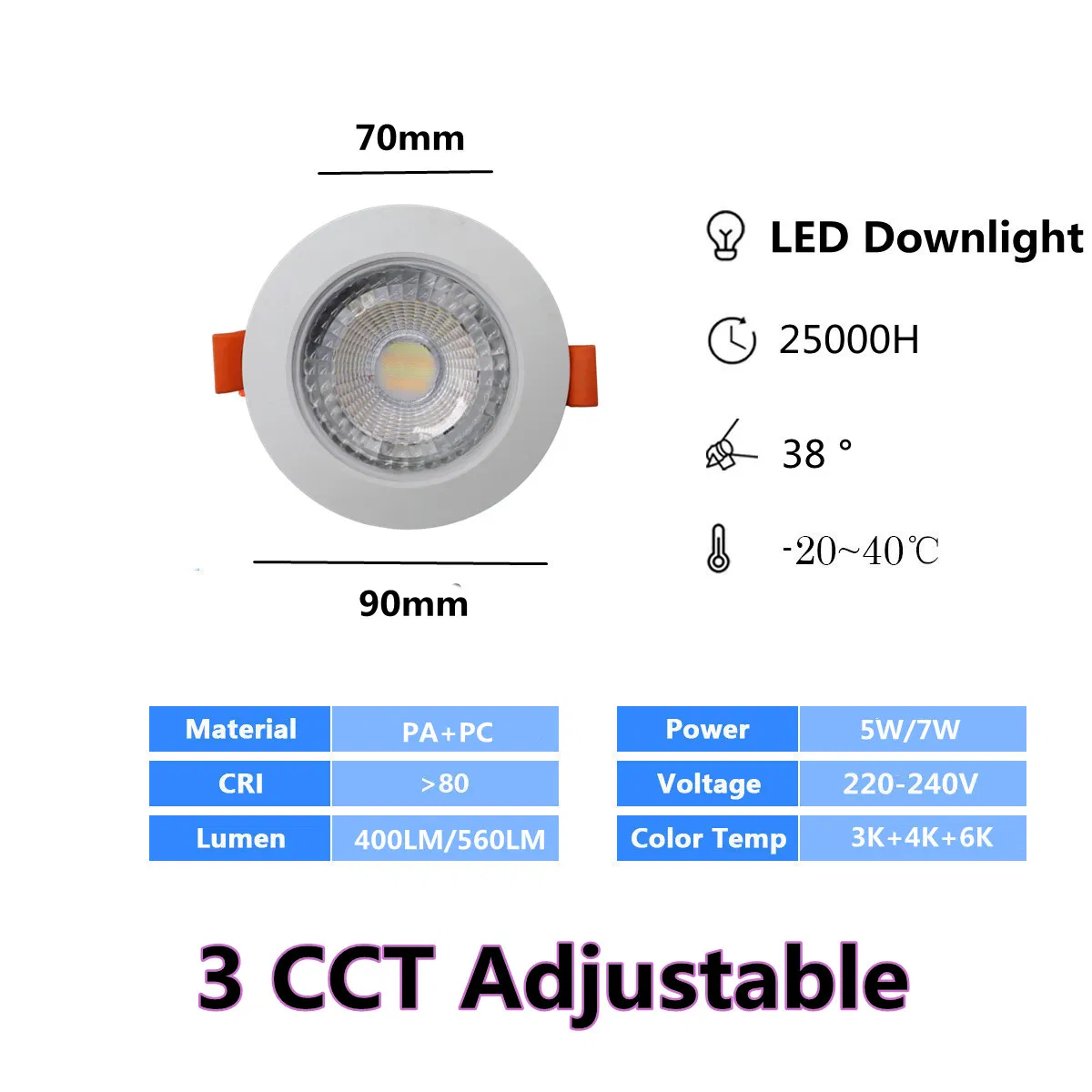 Waterproof IP54 LED Downlight 3 CCT Adjustable 5W 7W with Dial Switch