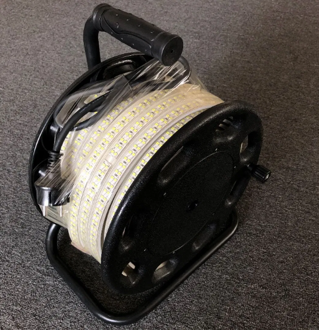 AC220V AC127V IP65 Waterproof 25m 50m SMD Outdoor Male and Female Connector LED Strip Flexible Rope Light with Portable Drum Package for Construction Building