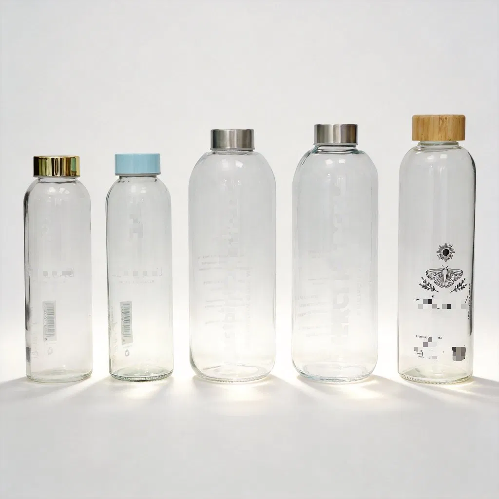 500ml Juice Beverages Glass Water Bottle with Bamboo/Stainless Steel Lid &amp; Sleeve 750ml 1L 300ml 14oz