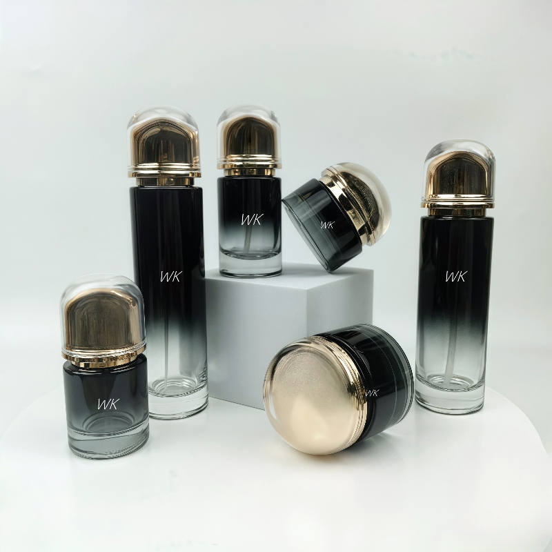 Luxury Customized Plastic Head Gradient Black Glass Bottle for Lotion Cream Glass Bottle Cosmetic Packaging Set with Gold Cap