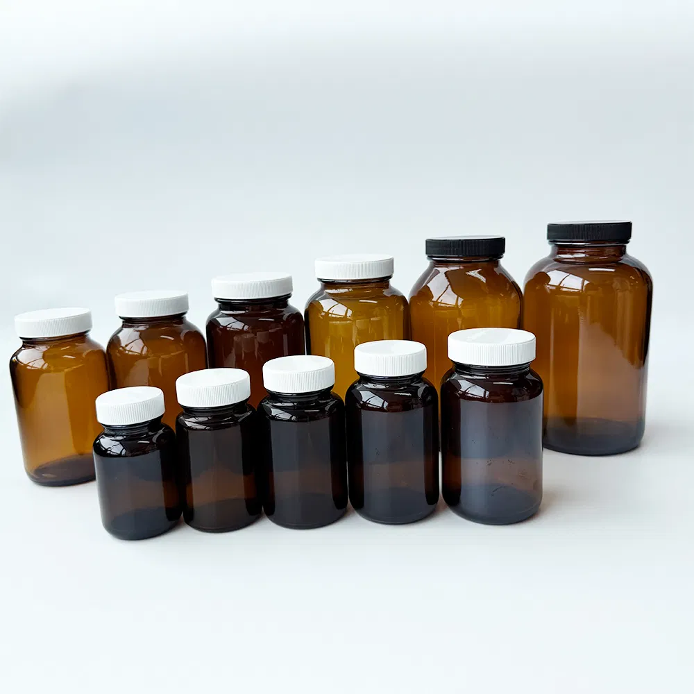 Multi Capacity Wide Mouth Amber Packer Glass Capsule Jar Bottle for Medical Pills