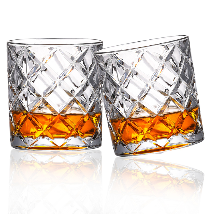 Free Sample Unbreakable New Crystal Diamond Shaped Round Bottom Whiskey Glass Drinking Cup Diamond Rotation Whiskey Glass