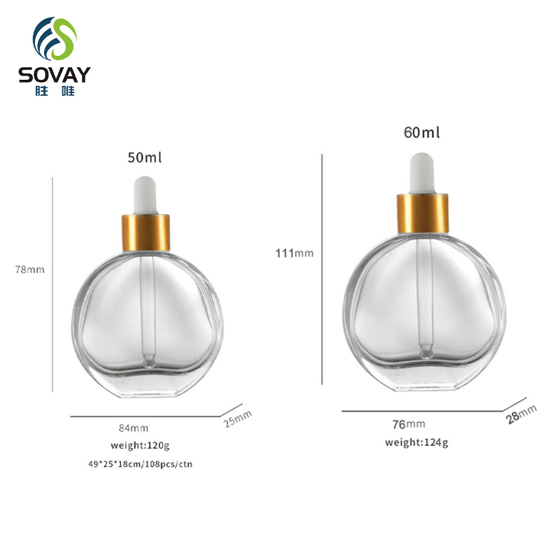 50ml 60ml Flat Round Oblate Clear Thick Bottom Glass Oil Serum Dropper Bottle for Essential Oil