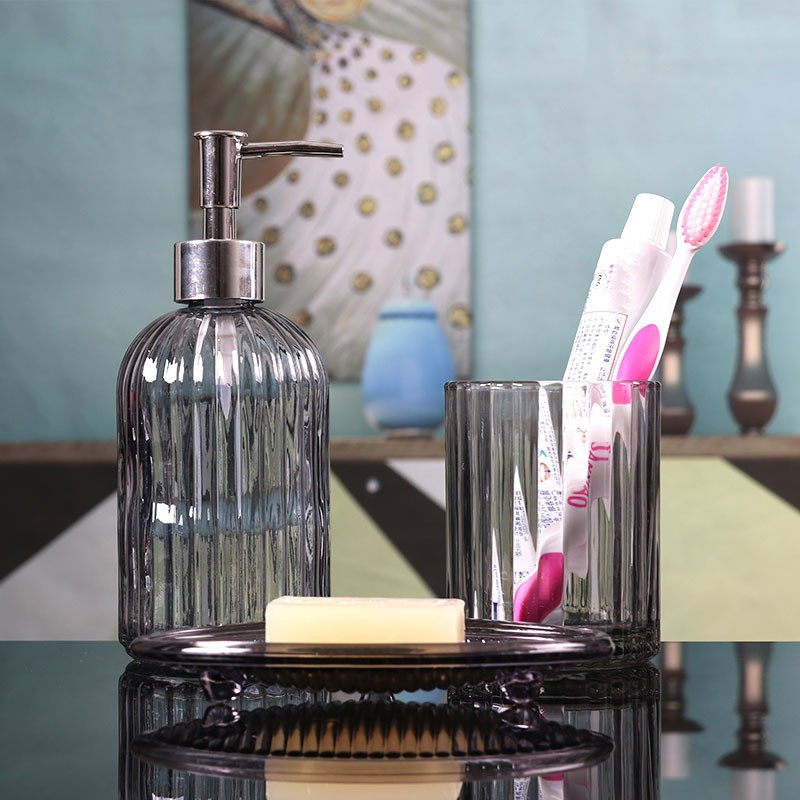 Hot 400ml Stripe Embossing Round Shape Colorful Shampoo Body Lotion Hand Sanitizer Glass Bottle with Pump